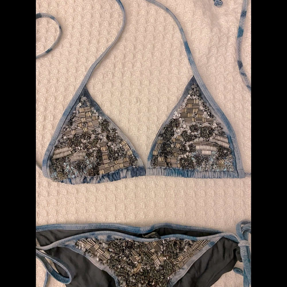 All Saints Sequin Beaded Bikini Blue Leopard NEW